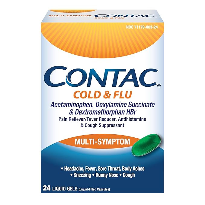 Contac Cold & Flu Medicine, Powerful, Multi-Symptom Relief for Pain, Fever, Sore Throat, Body Ach... | Amazon (US)