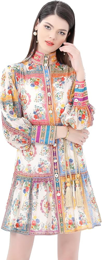 LAI MENG FIVE CATS Women's Floral Print Long Lantern Sleeve Ruffle Casual Button Belted Thin Fabr... | Amazon (US)