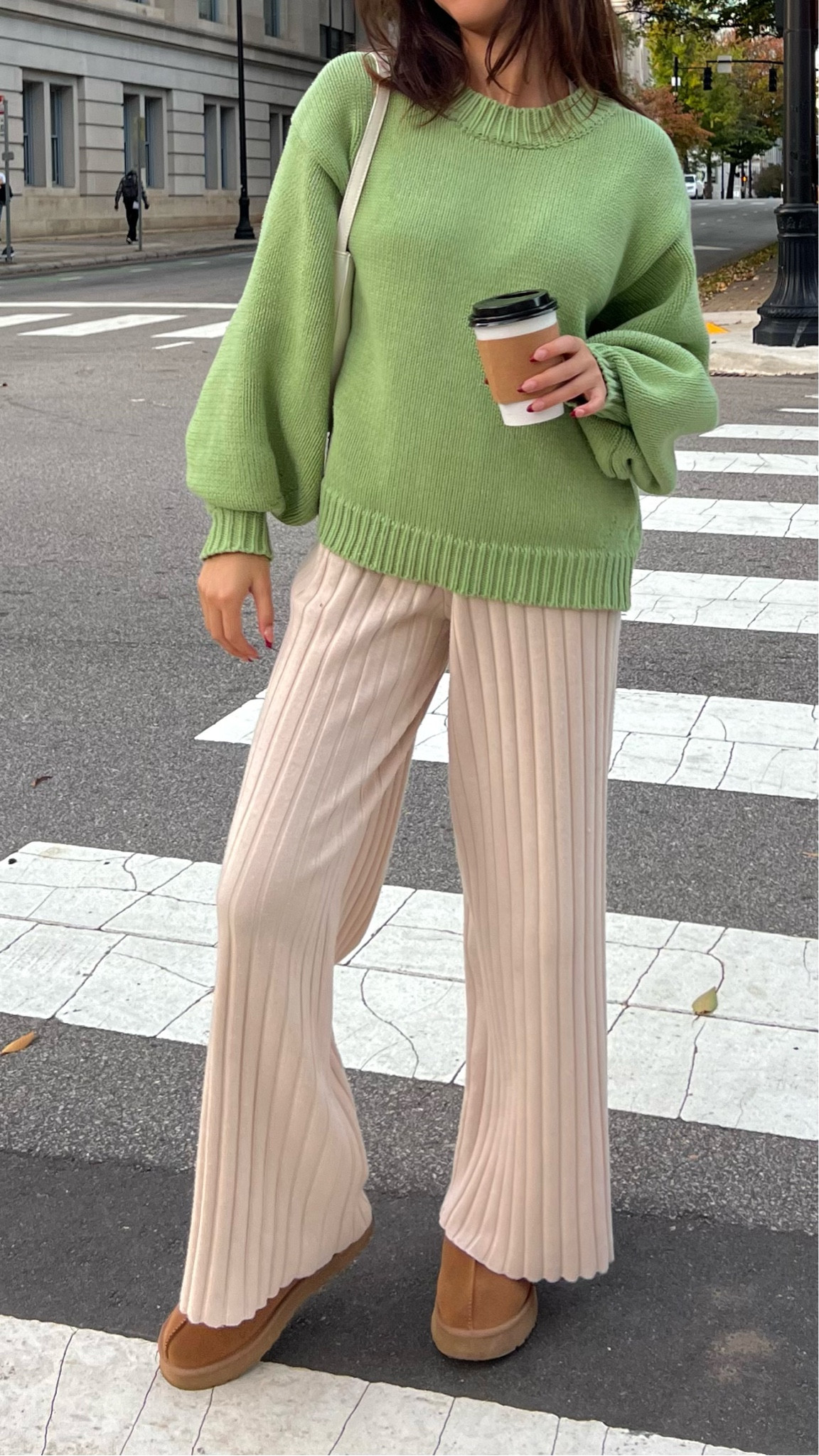 green sweater + beige ribbed knit pants + white shoulder bag + ugg minis

princess polly discount code: ANYA20

clothing size: 2
shoe size: 5.5
height: 5’3