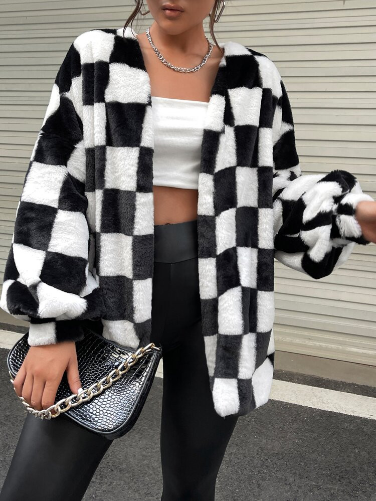 SHEIN EZwear Checkered Pattern Open Front Drop Shoulder Fuzzy Coat | SHEIN
