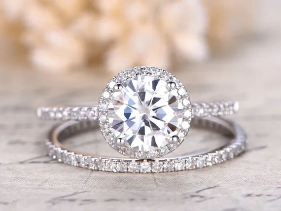 Charles & Colvard Moissanite Ring Moissanite Engagement Ring Diamond Wedding Band Solid 14K White Go | Etsy (US)