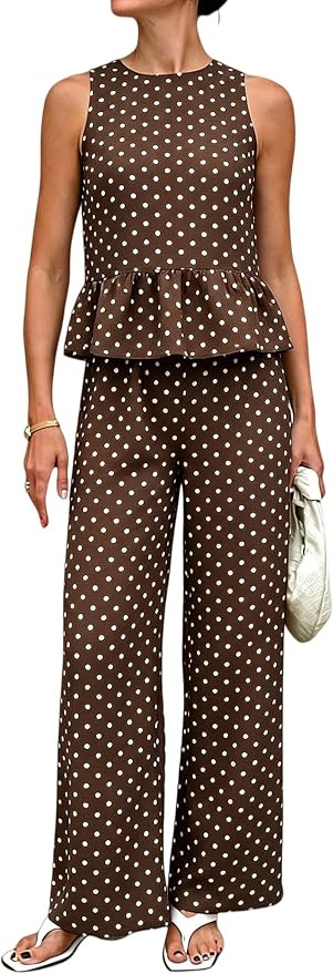 Majdan Women's 2 Piece Sets Polka Dot Ruffle Hem Tank Top Wide Leg Pants Summer Casual Lounge Out... | Amazon (US)