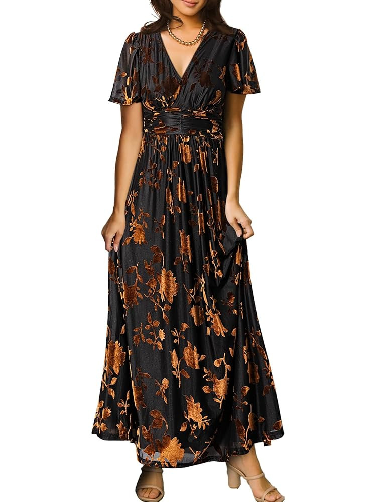 Simplee Women’s V Neck Velvet Maxi Dress Short Sleeve Empire Waist Long Formal Dress for Weddin... | Amazon (US)