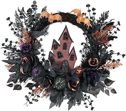 Fairy Crystal 24 Inch Halloween Wreath with Pumpkin Rose Haunted House Maple Leaf Bats for Home Deco | Amazon (US)