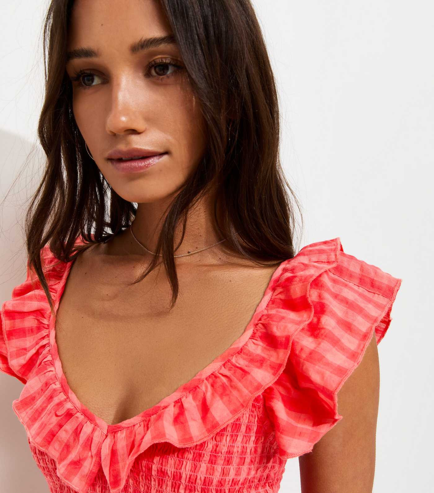 Red Cotton Gingham Ruffled Neck Midi Dress | New Look | New Look (UK)