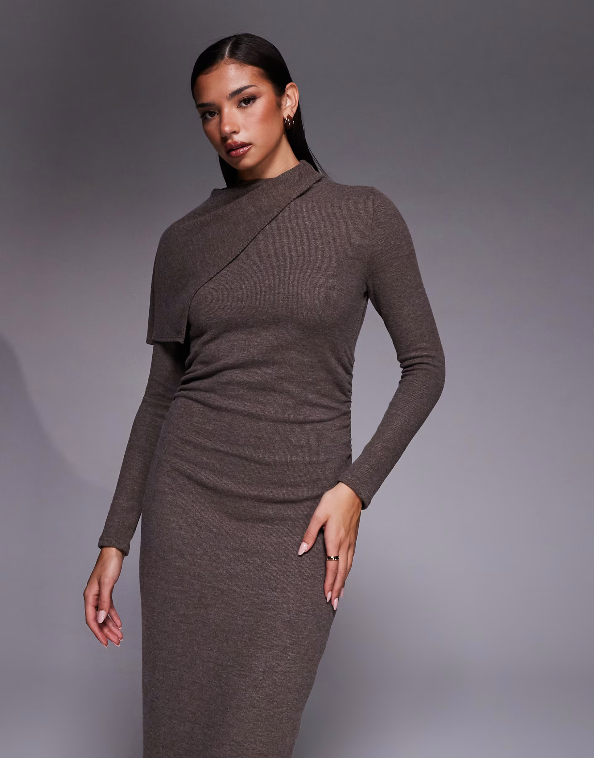 ASOS DESIGN supersoft long sleeve fold over cape detail midi dress in chocolate | ASOS (Global)