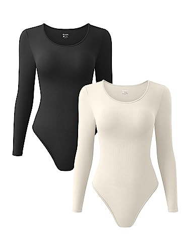 OQQ Women's 2 Piece Bodysuits Sexy Ribbed One Piece Crewneck Long Sleeve Bodysuit Black Beige | Amazon (US)