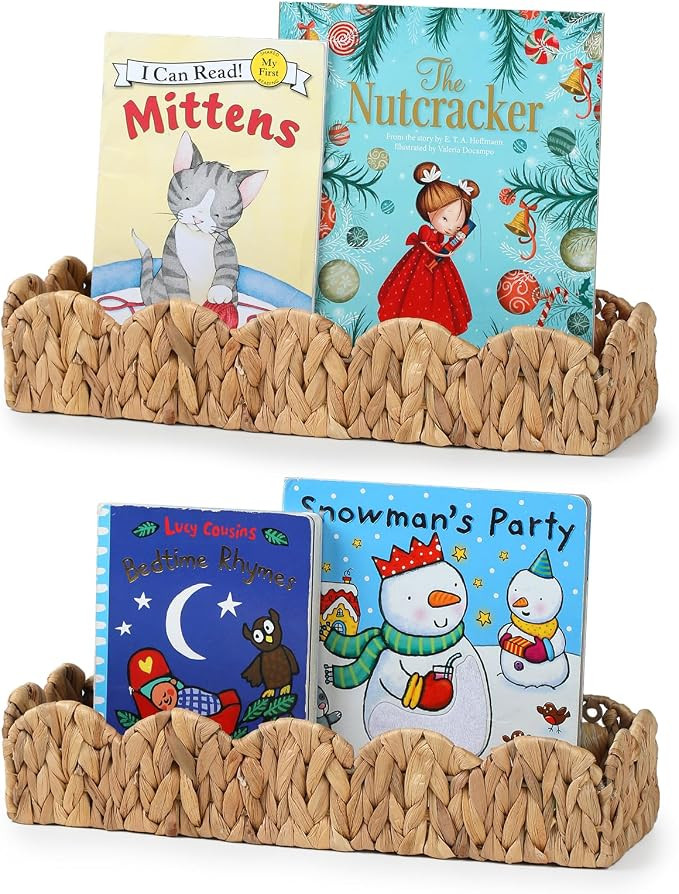 2 Pack Nursery Book Shelves, Scalloped Water Hyacinth Book Shelf for Kids Rooms, Handwoven Floati... | Amazon (US)