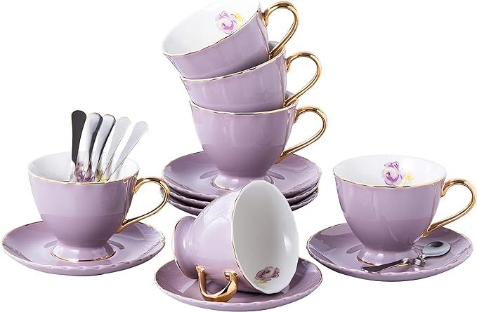 Jusalpha® Porcelain Tea Cup and Saucer Coffee Cup Set with Saucer and Spoon Set of 6 (FD-TCS02 p... | Amazon (US)