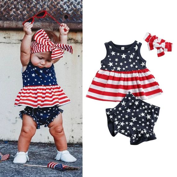 Baby Toddler Girls 4th of July 3PC Set Star Striped Printed | Etsy | Etsy (US)