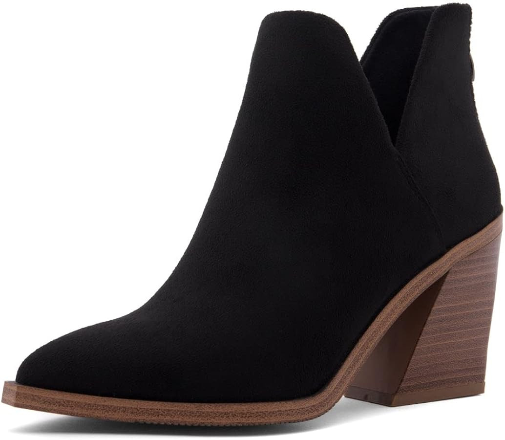 Shoe Land Womens Mingo Ankle Booties Chunky Stack Heels V Cutout Boots Pointed Toe Back Zipper Sl... | Amazon (US)