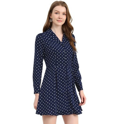 Allegra K Women's Polka Dots Lapel Collar Button Down Shirt Dress Navy Blue Medium | Target