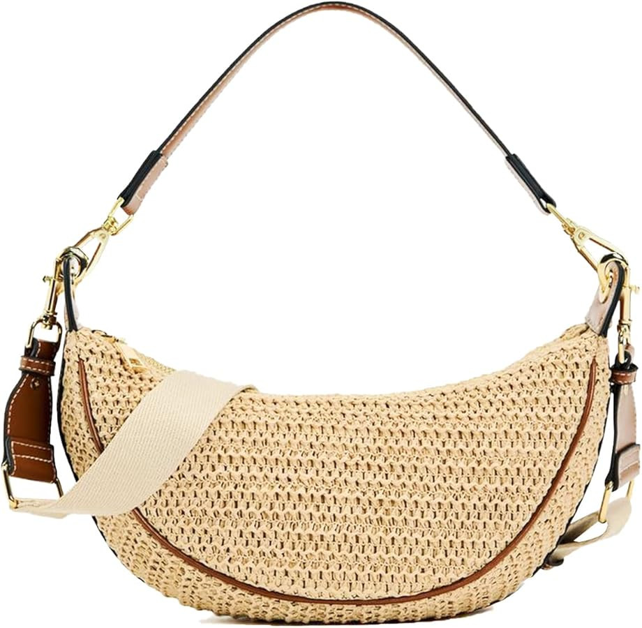 Straw Crossbody Bags for Women Crescent Woven Shoulder Handbag Summer Beach Hobo Purses with Adju... | Amazon (US)