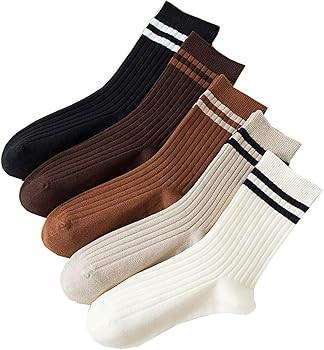 Deeorla Womens Striped Crew Socks Brown Vintage Retro Athletic Socks 5 Pairs | Amazon (US)