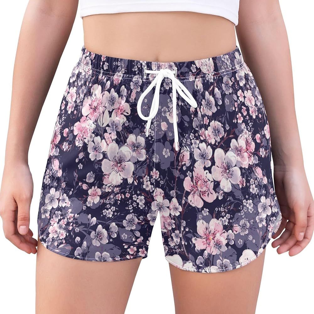 Pfrewn Women's Running Shorts Floral Flowers 2 in 1 Workout Gym Yoga Athletic Shorts with Pockets... | Amazon (US)