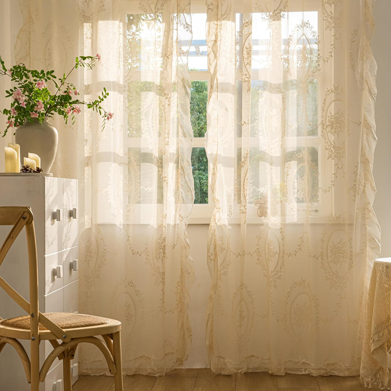 Lace Curtains 63 Inch Length for Kitchen Nursery Room, French Antique Vintage Florals Embroidery ... | Amazon (US)