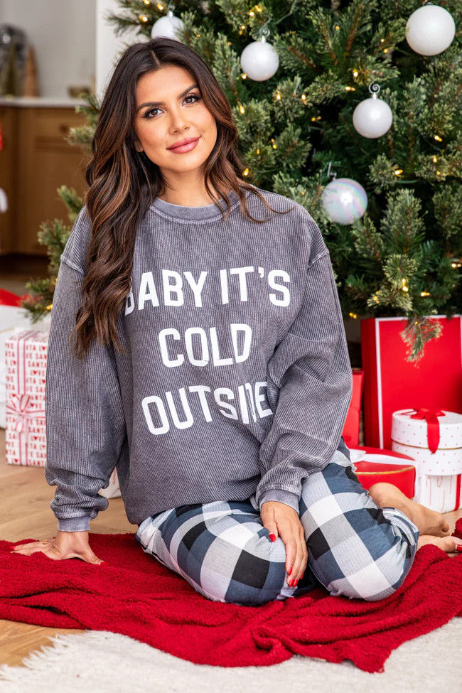 Baby It's Cold Outside Block Charcoal Corded Graphic Sweatshirt | Pink Lily