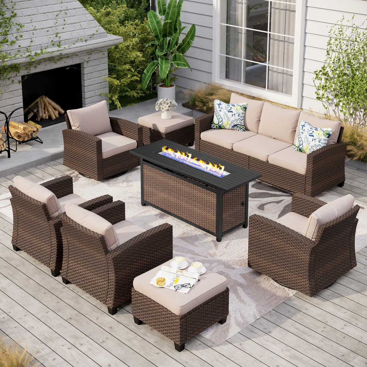 9 - Person Outdoor Wicker Patio Conversation Furniture Set with Swivel Chairs | Wayfair North America