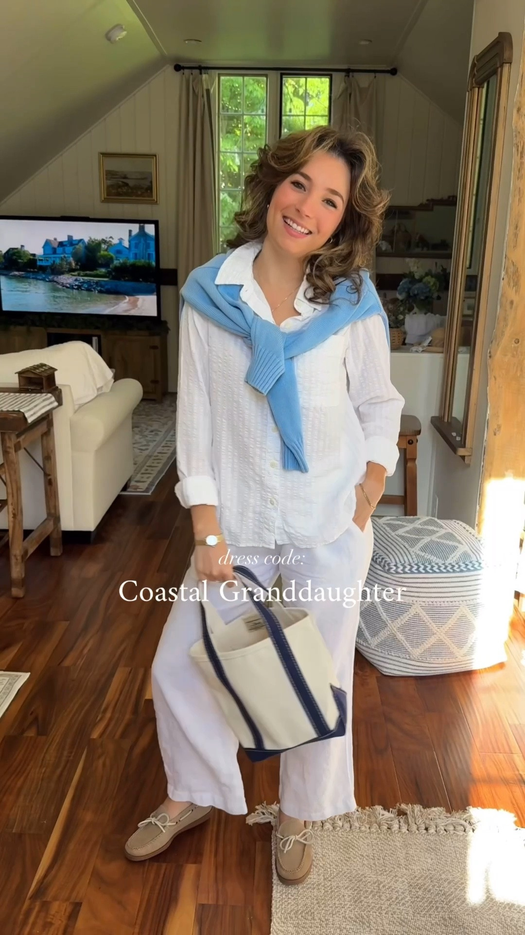 Coastal grandmother / coastal granddaughter outfits of the day! 🌊🥂🤍 I am 5 foot three and wearing XS in everything! 🥂

   Coastal grandmother / coastal granddaughter / coastal outfit / summer outfit inspiration / summer outfit / cute summer outfit  / cute summer dress/ white linen pants / blue sweater / white Oxford / L.L. Bean bag / boat and tote / boat shoes / American flag dress / American flag / red, white and blue / blue matching set / blue, and white striped set

#LTKootd #LTKgrwm #LTKOver40