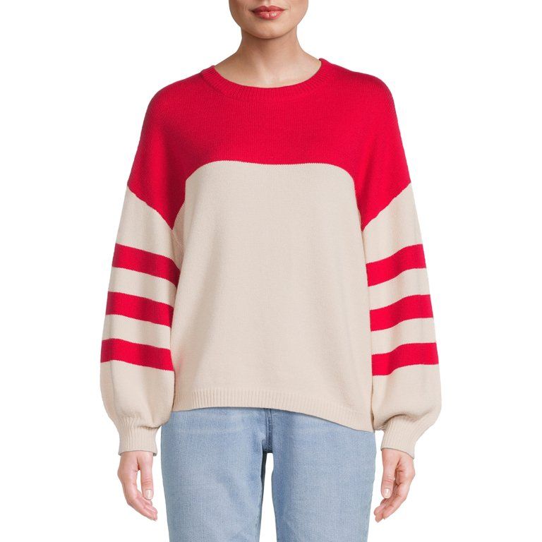 Dreamers by Debut Womens Striped Long Sleeve Pullover Sweater with Puff Sleeves - Walmart.com | Walmart (US)