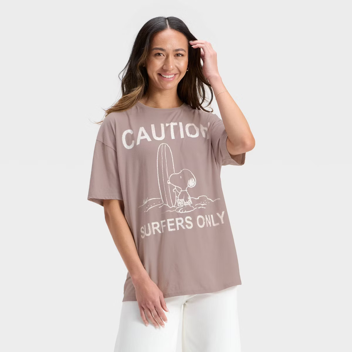 Women's Snoopy Surfer Oversized Short Sleeve Graphic T-Shirt - Taupe | Target
