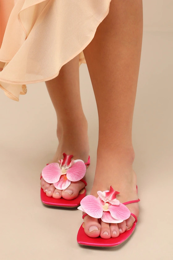 Florra Hot Pink Satin Floral Applique Low Heel Slide Sandals | Lulus
