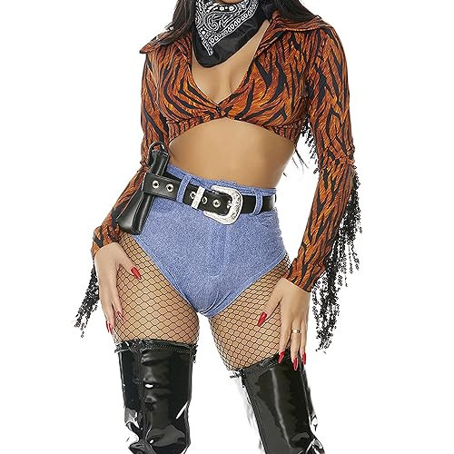 Forplay Women's Tiger Animal Print Cowgirl Costume 4-Piece Halloween Outfit with Top, Panty, Belt and Bandana, Orange, L/XL | Amazon (US)