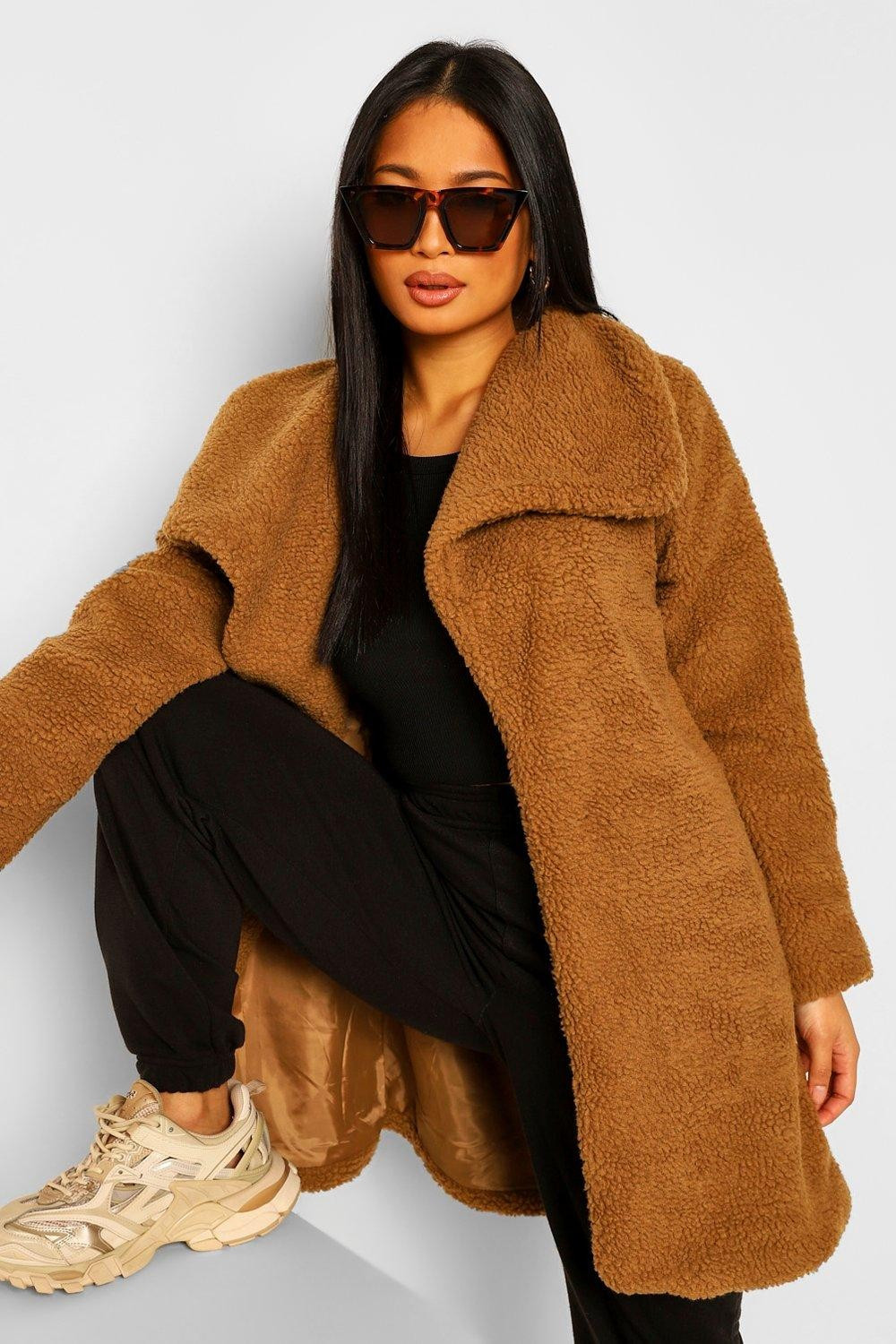 Womens Petite Teddy Faux Fur Midi Coat - Brown - 4 | Boohoo.com (US & CA)