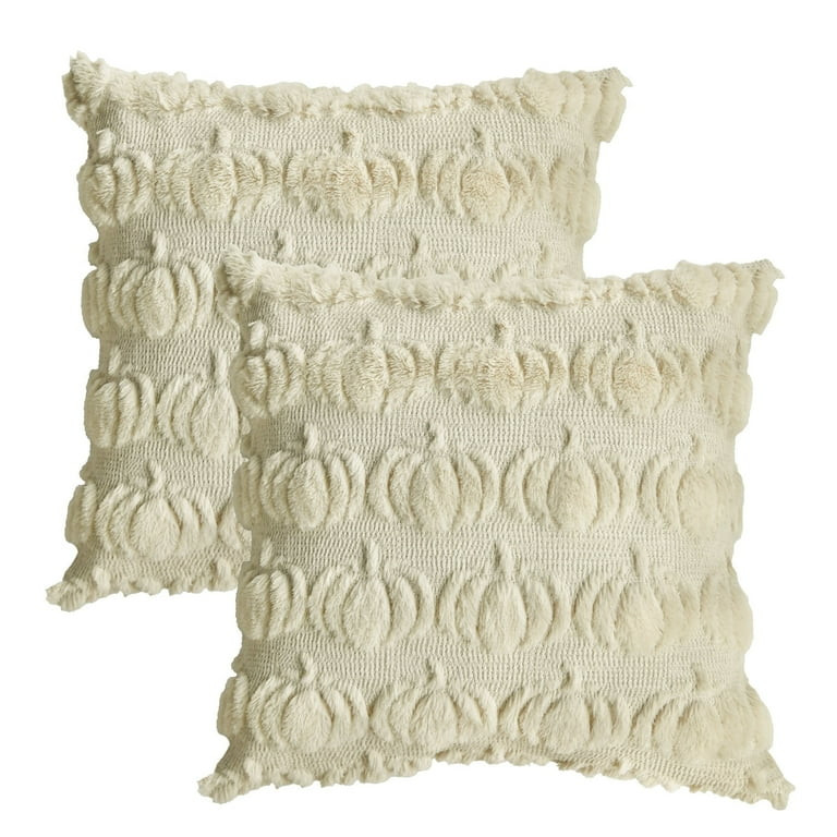 Sm:)e Fall Pumpkin Plush Faux Fur Jacquard Throw Pillow Cover 18x18 Inch Beige, Set of 2 Silky So... | Walmart (US)