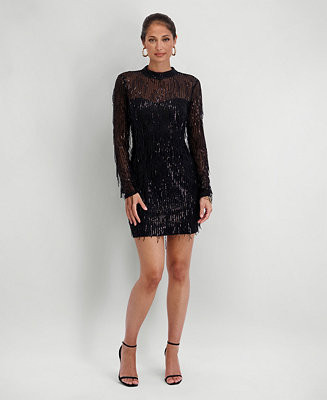 Women's Sequined Long-Sleeve Mesh Dress | Macy's