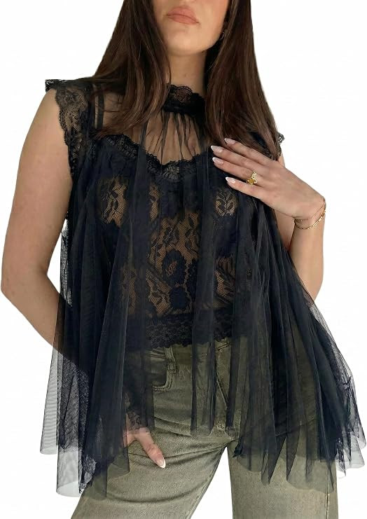 Women's Sheer Organza Blouse Lace Cropped Tank Top 2 Piece Layered Sleeveless Flowy Tunic Shirt H... | Amazon (US)