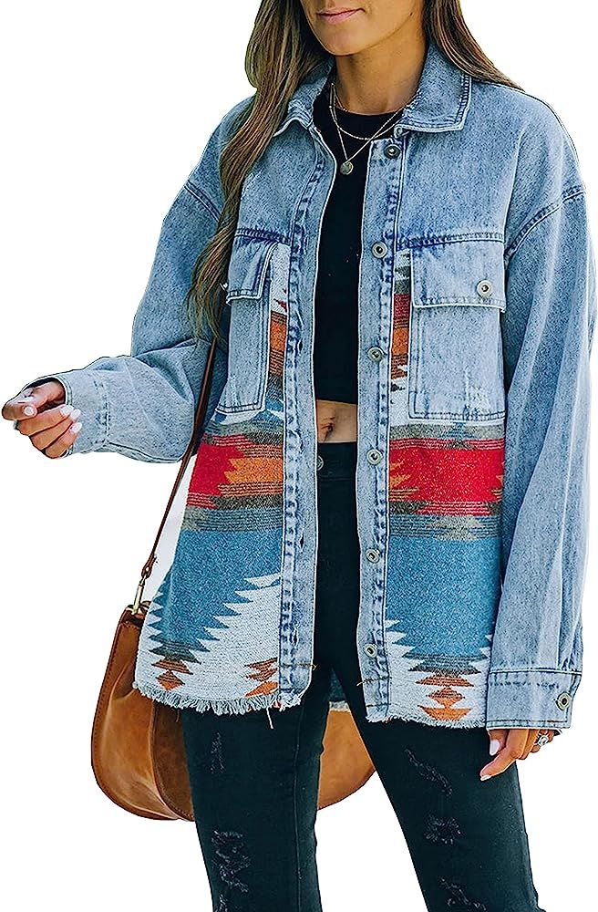 Lumister Women's Aztec Denim Jacket Distressed Lapel Long Sleeve Vintage Button Down Denim Jacket Sh | Amazon (US)