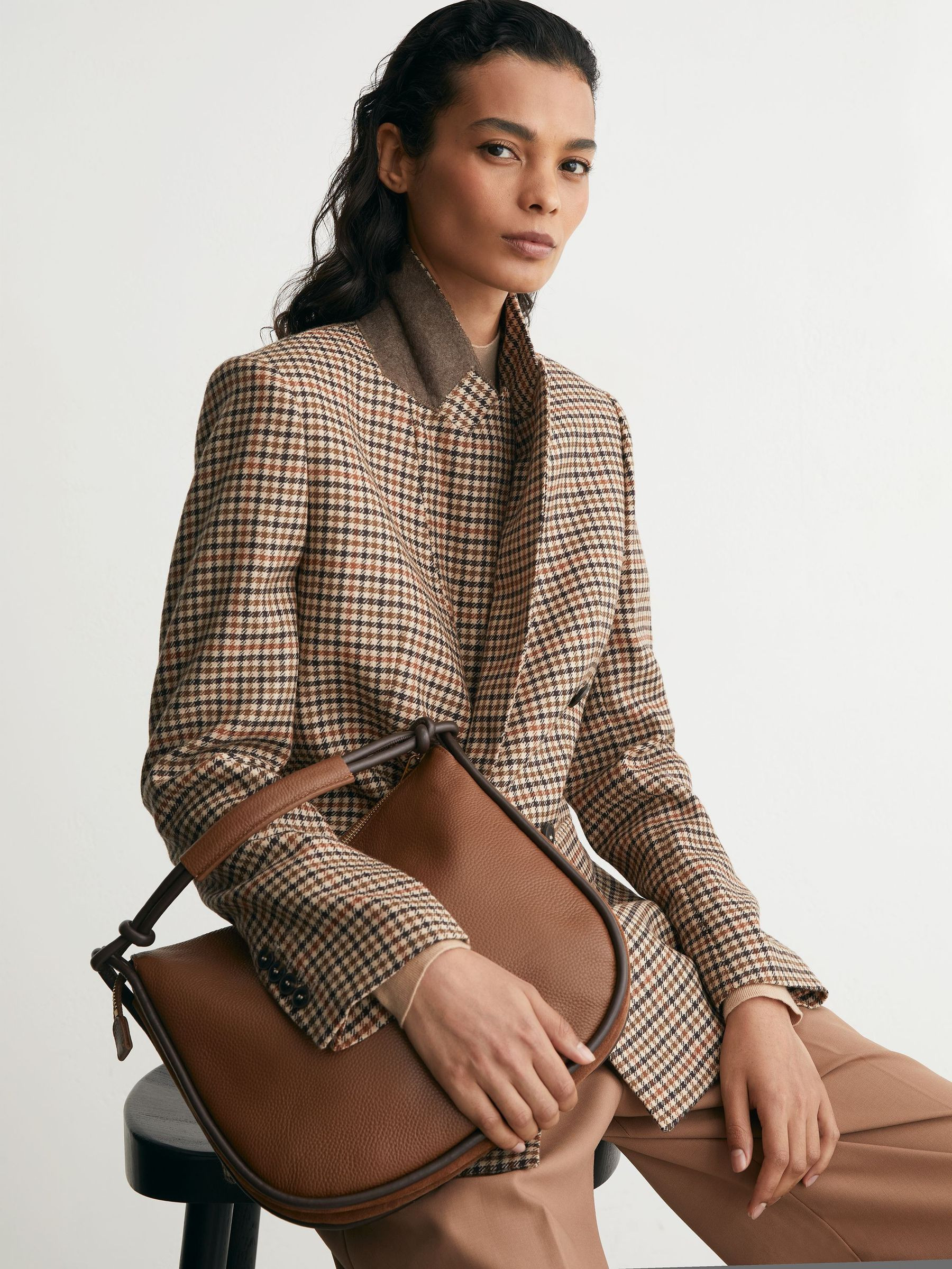 Reiss Wool Houndstooth-Check Double-Breasted Blazer in Neutral Check - REISS | Reiss UK