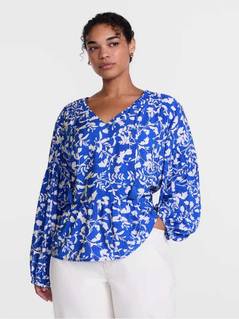 Scenario Women's Gathered Yoke Blouse with Long Sleeves, Sizes XS-XXXL | Walmart (US)