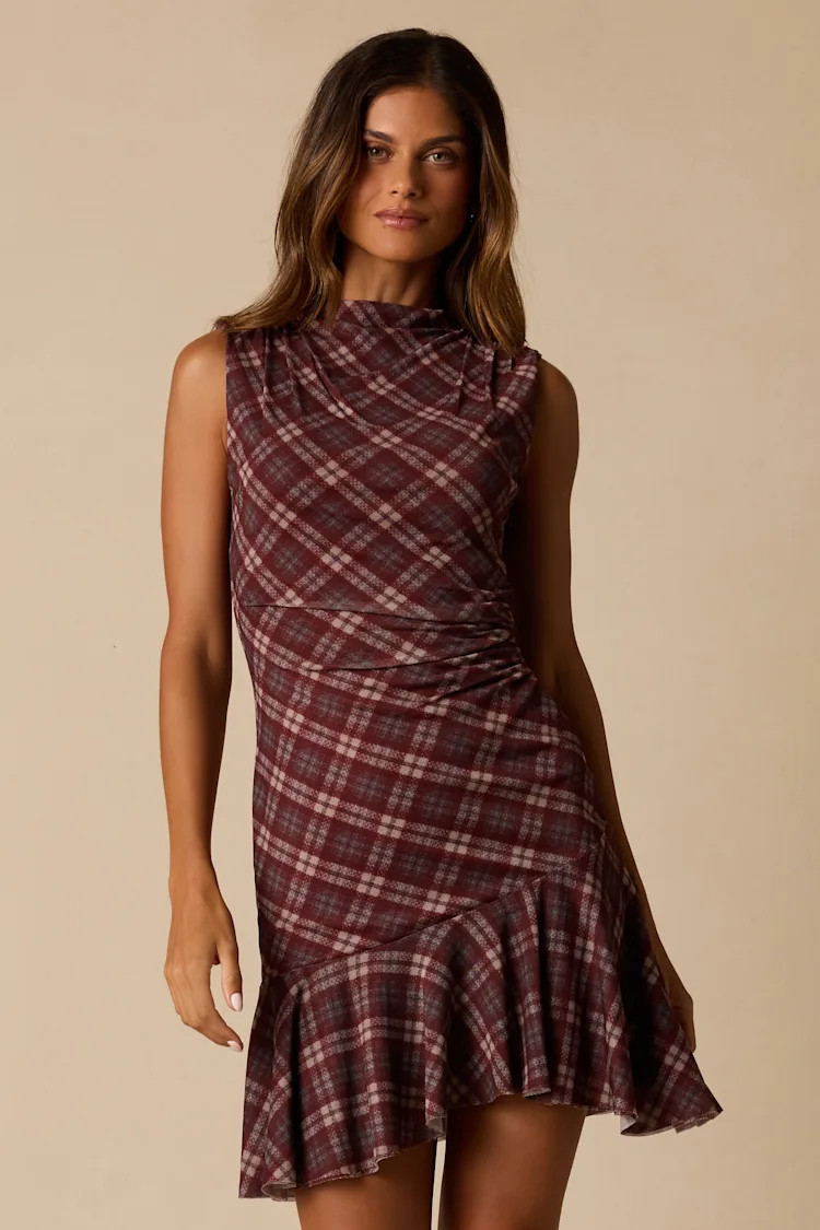 Selvia Burgundy Plaid Ruched Mesh Mini Dress | Lulus