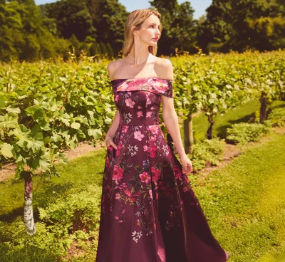Off Shoulder Garden Floral Mikado Ballgown In Burgundy Multi | Adrianna Papell
