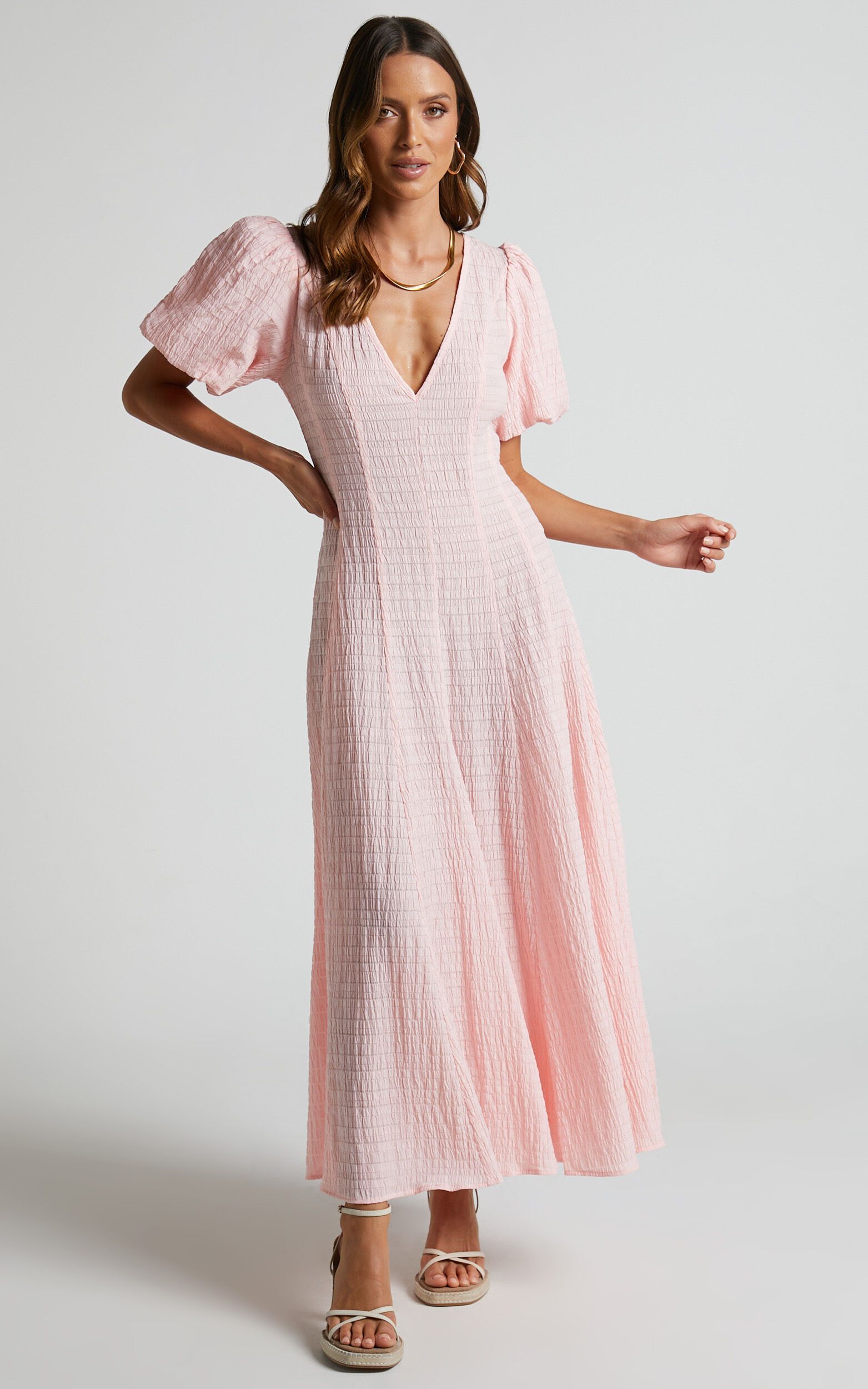 Jackelyn Puff Sleeve V Neck Midi Dress in Pink | Showpo (US, UK & Europe)