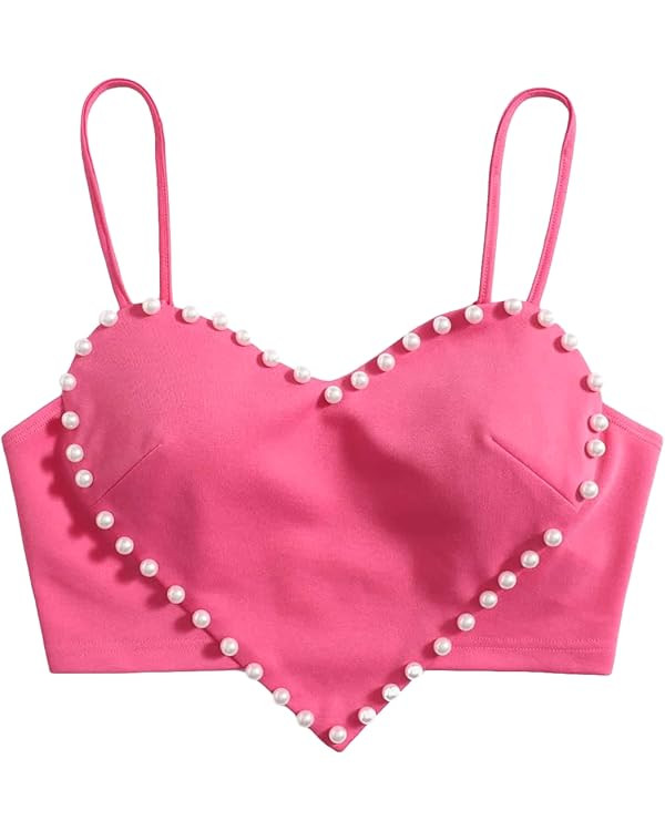 OYOANGLE Women's Pearls Trim Asymmetrical Hem Cami Crop Top Sleeveless Backless Spaghetti Strap C... | Amazon (US)