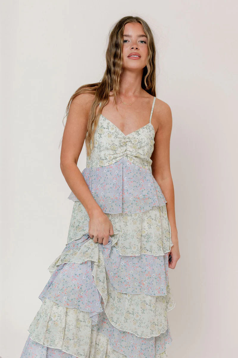 Reina Floral Tiered Maxi Dress in Green Multi | Worth Collective