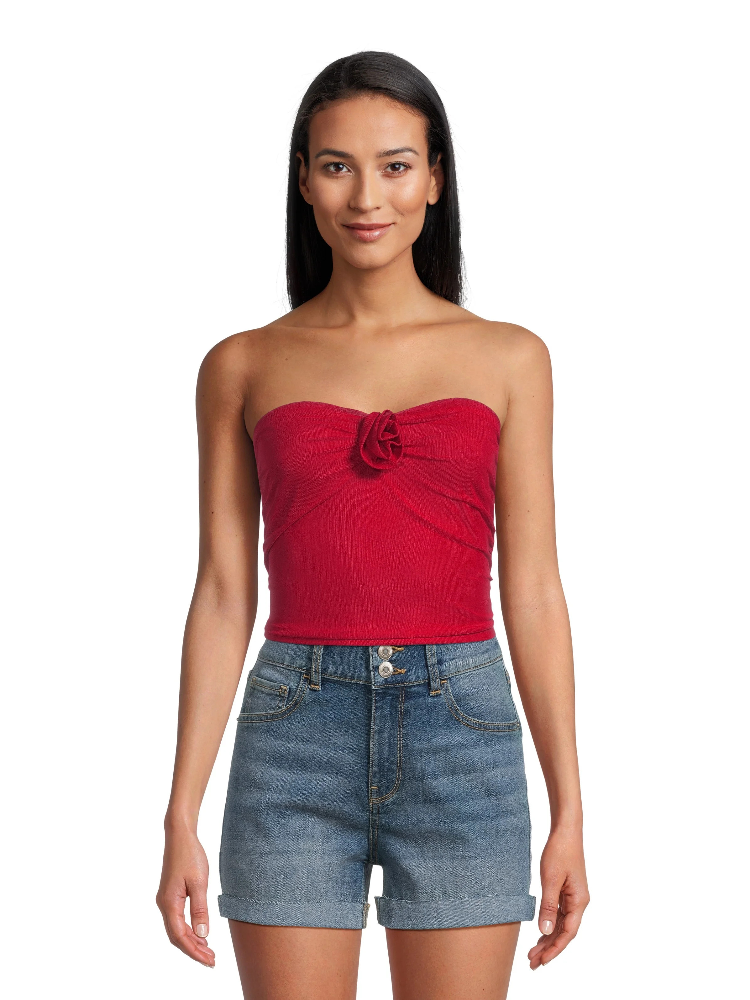 No Boundaries Juniors’ Ruched Tube Top with Rosette, Sizes XS-XXXL | Walmart (US)