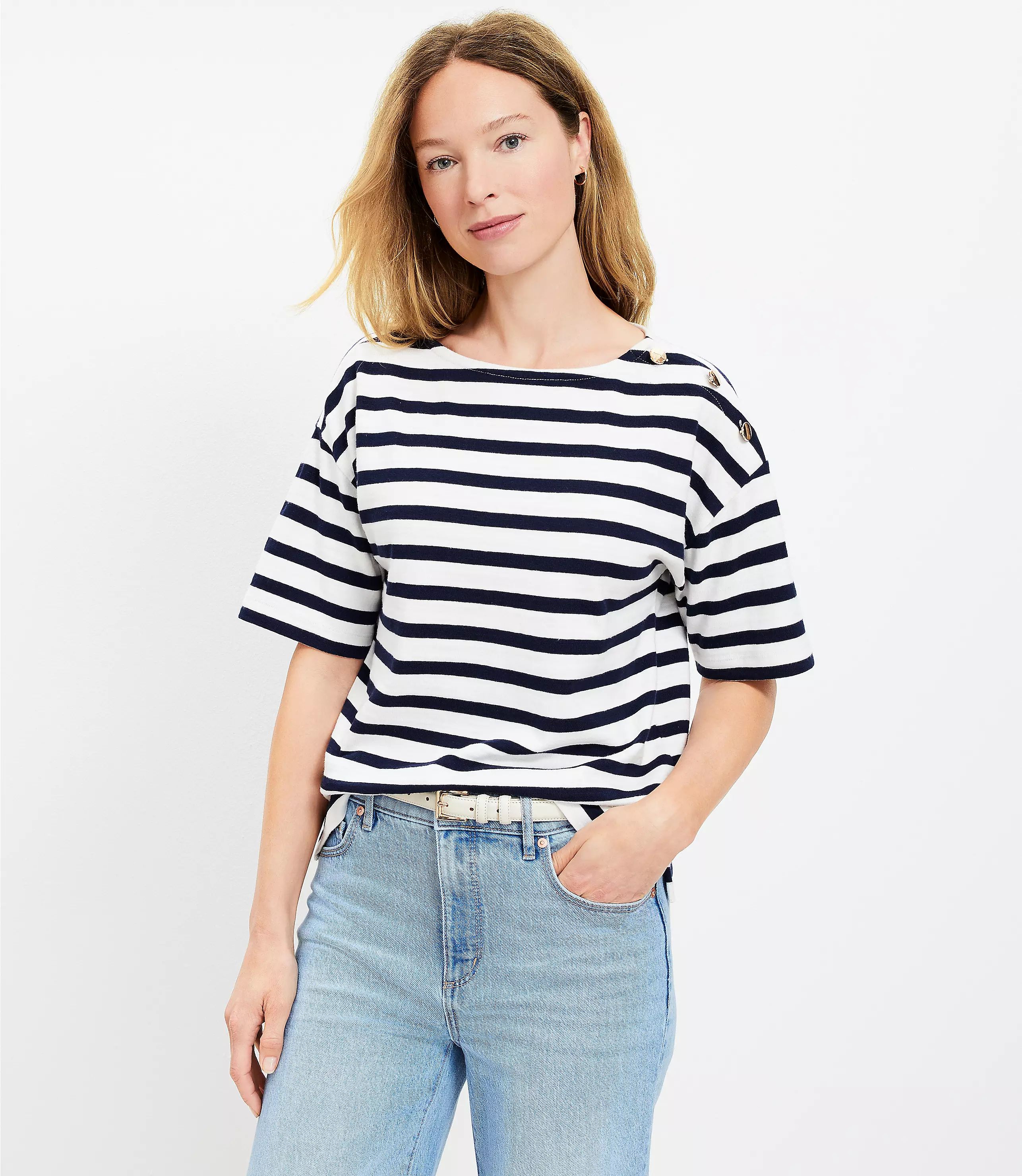 Petite Striped Shoulder Button Harbor Tee | LOFT