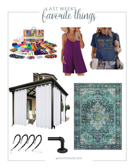 Last weeks favorite things. Craft supplies for a maker space. 40th birthday tee. Summer romper. Washable rug. Outdoor curtains and accessories

#LTKhome
