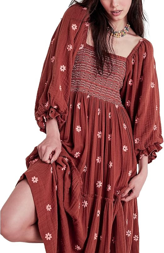 Argeousgor Women 2023 Bohemian Floral Dress Square Neck Ruffle Swing A Line Maxi Dress Long Sleev... | Amazon (US)