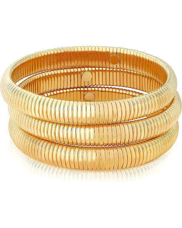 BONJOULRY Gold Bangle Bracelets Set for Women Men Stretchy Link Chain Bracelet Flexible Wide Wris... | Amazon (US)