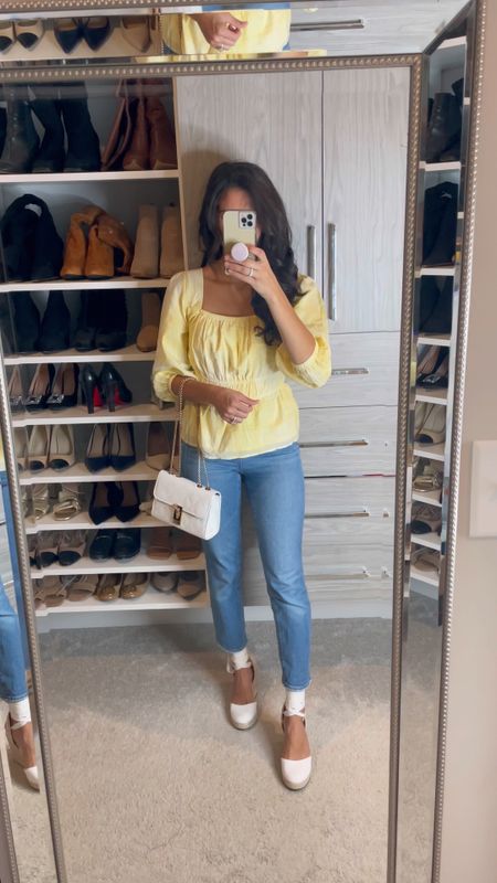 Casual outfit with  cute summer top and white wedges / soma wireless bra linked too 

#LTKunder100 #LTKunder50 #LTKSeasonal