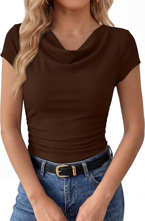 Womens Summer Cowl Neck Short Sleeve Tops Ruched Fitted T-Shirt | Amazon (US)