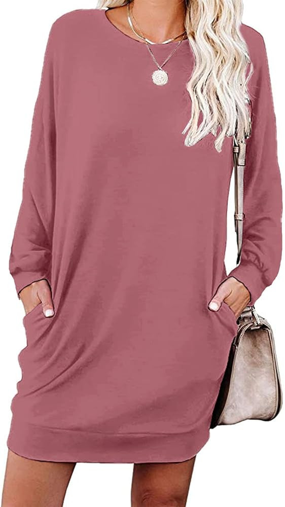 LuckyMore Womens Long Sleeve Crewneck Sweatshirt Tunic Tops Casual Lightweight Sweatshirt Dress with | Amazon (US)