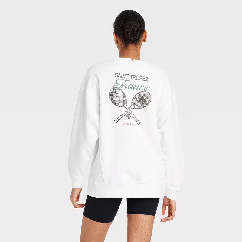 Women's Graphic French Terry Oversized Crewneck Sweatshirt - JoyLab™ White XXL | Target