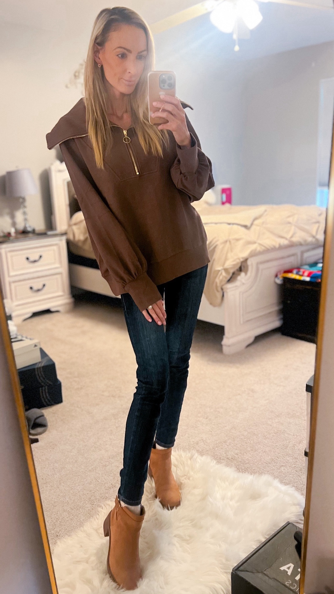 Oversized pullover quarter zip ON SALE! Wearing a size small, fit is TTS.

Jeans are also on sale! Wearing a size 3, fit is TTS. 

Winter outfit
Casual chic
Jeans
Skinny jeans
Stretchy jeans
Boots
Ankle boots
Long sleeve part zip pullover
Pullover sweater


#LTKSeasonal #LTKU #LTKover40 #LTKstyletip #LTKshoecrush #LTKMostLoved #LTKsalealert #LTKfindsunder50