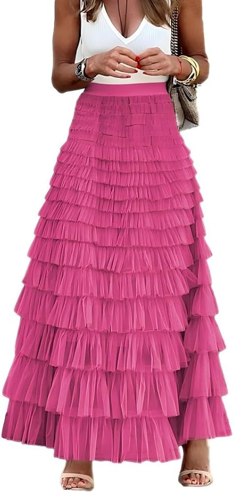 Womens Long Tulle Skirt A Line Ruffle Tiered Layered Skirts High Waisted Flowy Fairy Maxi Skirts | Amazon (US)